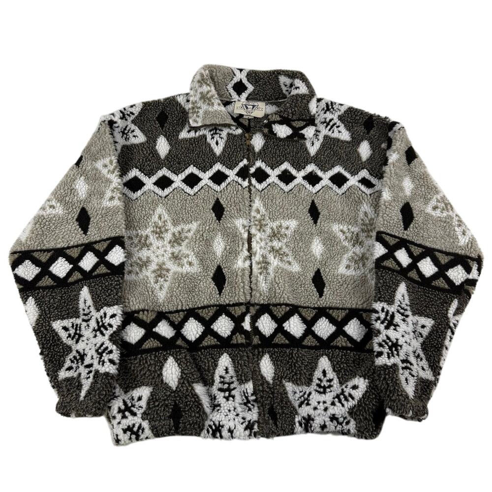 Vintage Gray Snowflake Winter Warm Crozy Granola Zip Up Fleece Size Small